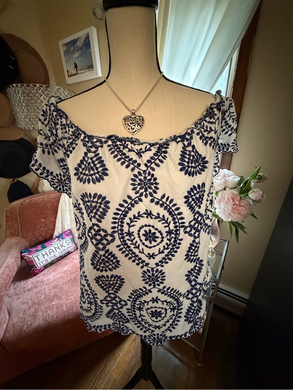 Adiva White Off-Shoulder Top with Navy Embroidery EUC